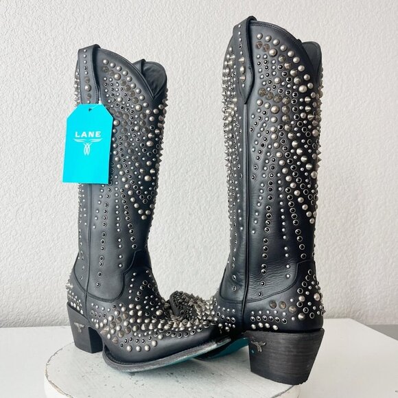 Lane boots Shoes - Lane DOLLY Womens Cowboy Boots 7.5 Black Studded Western Cowgirl Mid Calf Tall